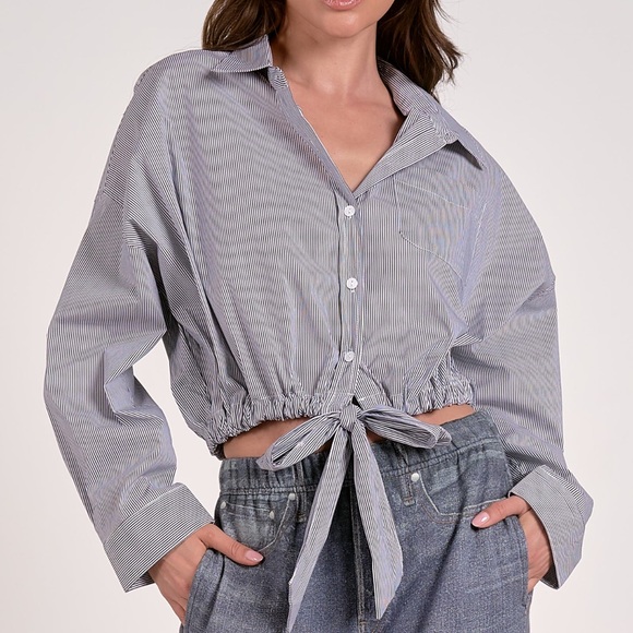 New with tags. Elan top. Button up with front tie. Black and white stripe - Picture 1 of 4
